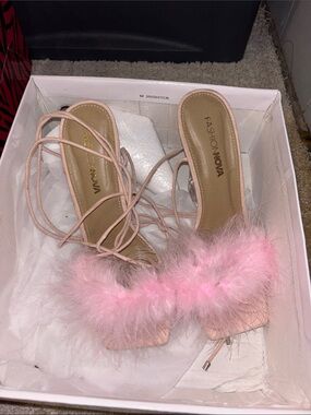 Fashion Nova Blush Pink Feather Lace-Up Heels